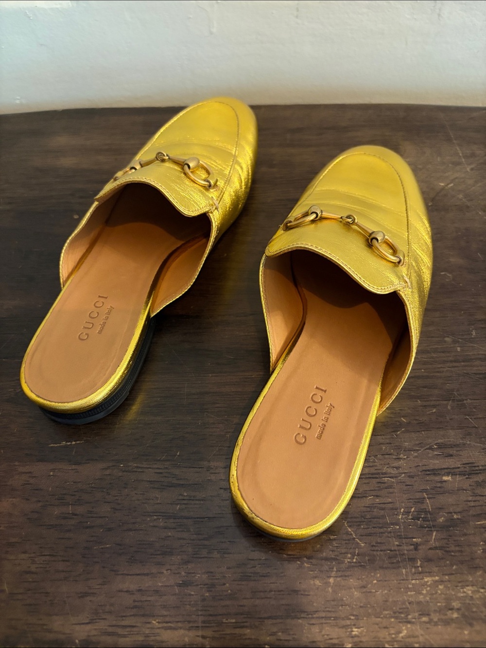 Gucci Metallic Gold Princetown Horsebit Leather Mules - Picture 4 of 7